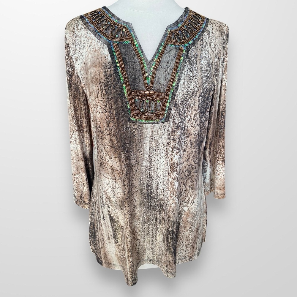 Christopher & Banks Size Large Top Shirt Tunic Slinky Stretch Beaded Shimmer